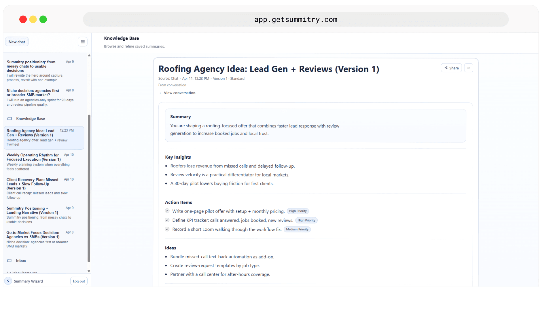 Summitry app mockup showing the Knowledge Base summary view